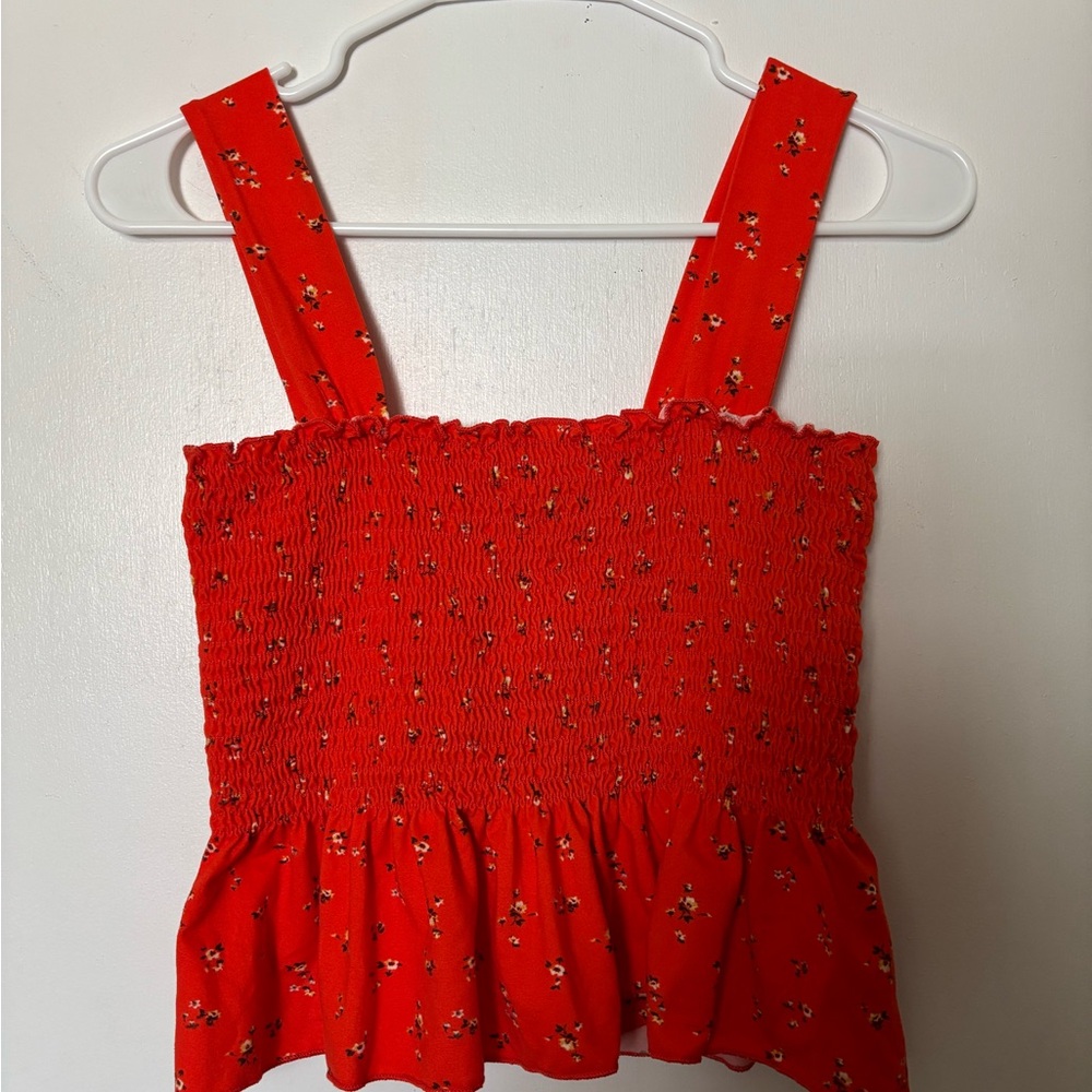Red Floral Smocked Women's Top